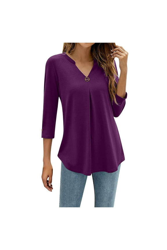 New Arrivals Ladies' Casual Solid Color Waist Cinched 3/4 Sleeve V-Neck Top/shirt