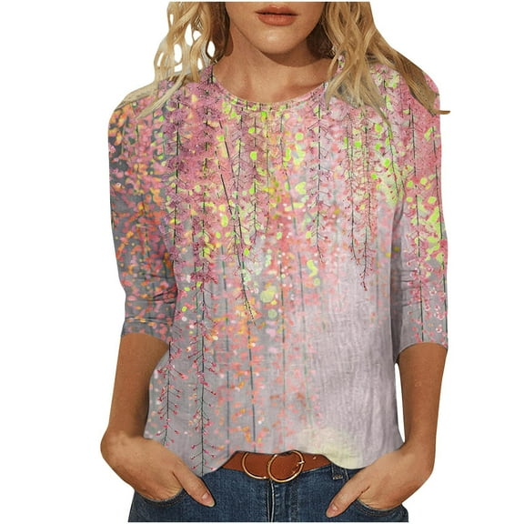 Inleife New Arrivals Women's 2025 Spring Summer Tops Loose And Comfortable 3/4 Sleeve Crewneck Top/Shirt