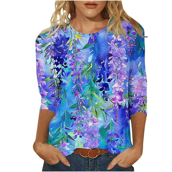 Inleife New Arrivals Women's 2025 Spring Summer Tops Loose And Comfortable 3/4 Sleeve Crewneck Top/Shirt