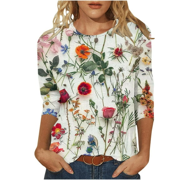 Inleife New Arrivals Women's 2025 Spring Summer Tops Loose And Comfortable 3/4 Sleeve Crewneck Top/Shirt