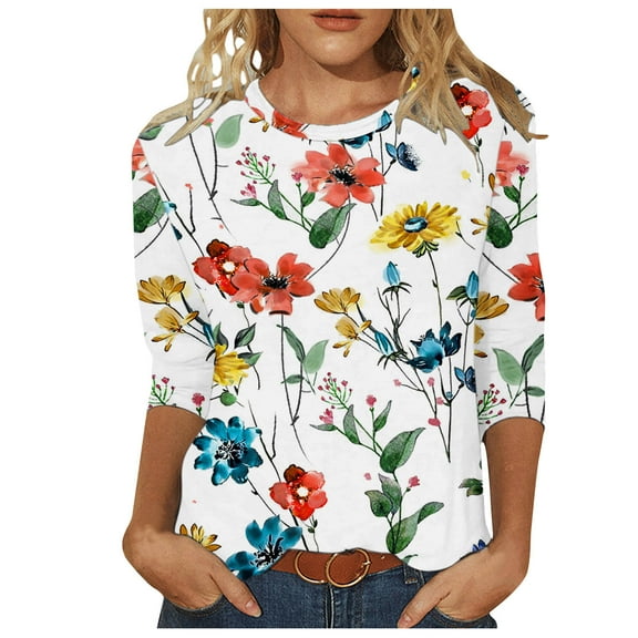 Inleife New Arrivals Women's 2025 Spring/Summer Tops Round Neck Top Loose And Comfortable 3/4 Sleeve Round Neck Top/Shirt