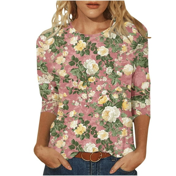 Inleife New Arrivals Women's 2025 Spring/Summer Tops Round Neck Top Loose And Comfortable 3/4 Sleeve Round Neck Top/Shirt