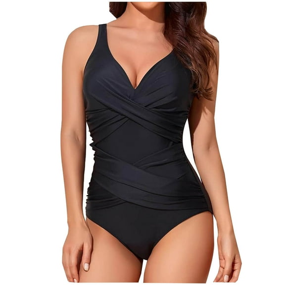 Inleife One Piece Swimsuits For Women Slimming Bathing Suit Retro Ruched Push Up Vintage Padded Swimwear Black XXL