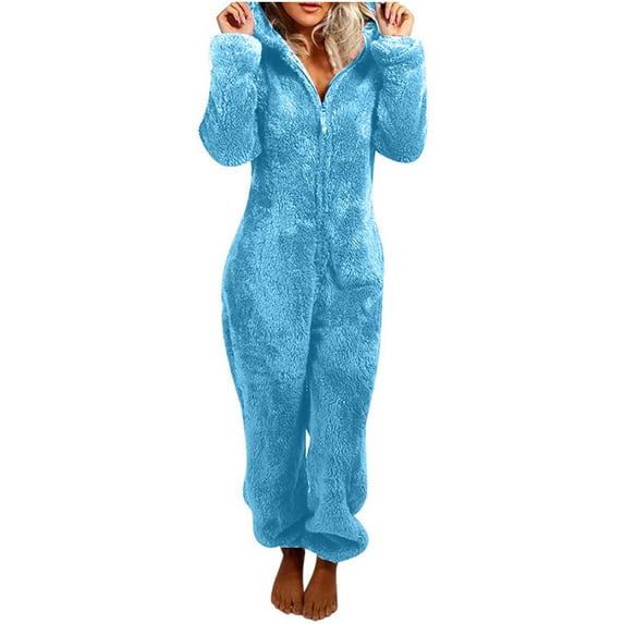 Inleife Pajamas Set for Women Solid Ccolor Long Sleeve Zip Up Hooded Jumpsuit Pajamas Womens Casual Winter Plush Warm Rompe Sleepwears