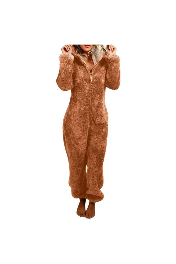 Pajamas Set for Women Solid Ccolor Long Sleeve Zip Up Hooded Jumpsuit Pajamas Womens Casual Winter Warm Rompe Sleepwear Loungewear