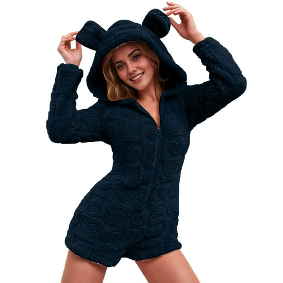 Inleife Pajamas Set for Women Women's Fashion Solid Color Comfortable Fleece Zipper Hoodie with Ears Jumpsuit Home Clothes