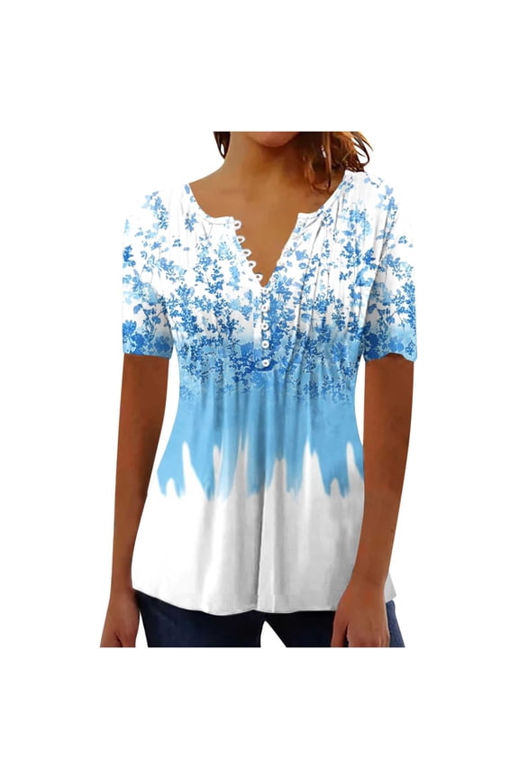 Pleated Blouses for Womem Fashion Summer Printed Graphic Tees Womens Short Sleeve V-Neck Button Top