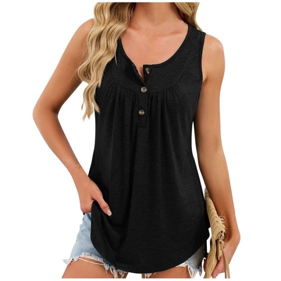 Inleife Pleated Tanks for Women Casual Fashion Solid Color Crewneck Summer Camisole Sleeveless Blouse T-shirt Button Top Black XL