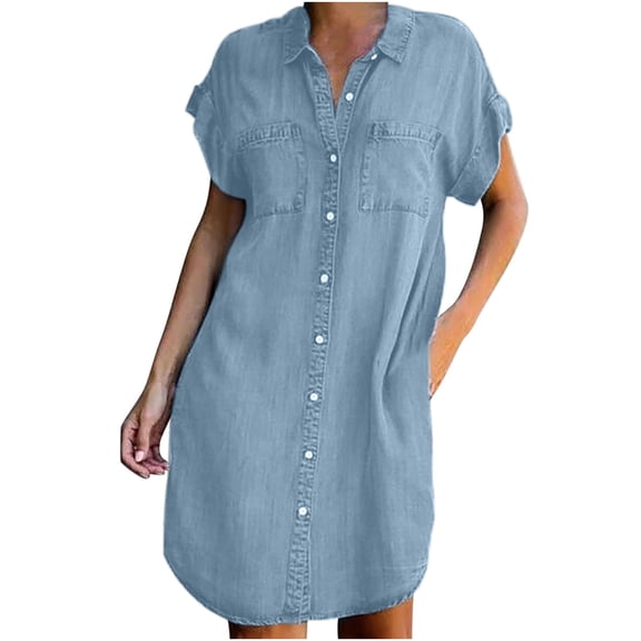 Inleife Plus Size Dress for Women 2023, Fashion Women's Short Sleeve Slim Solid Color Loose Thin Denim Dresses