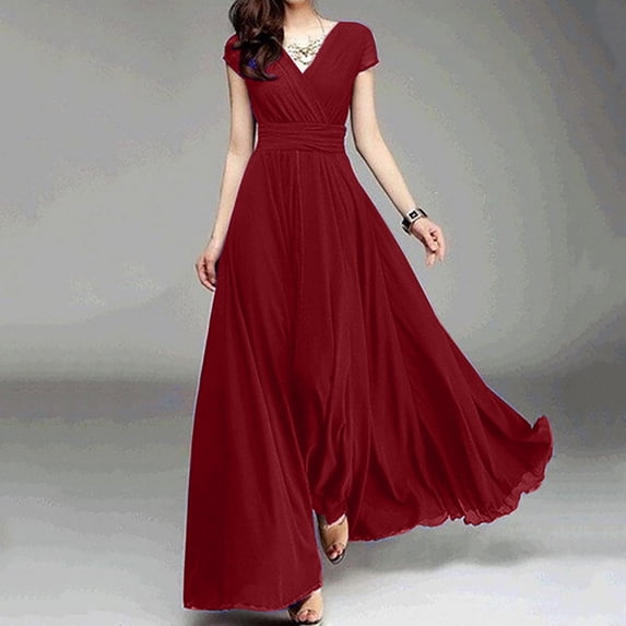 Inleife Plus Size Dresses for Women 2023 Women's Plus Size V-Neck Solid Color Short Sleeve Chiffon Waist Closing Evening Dress