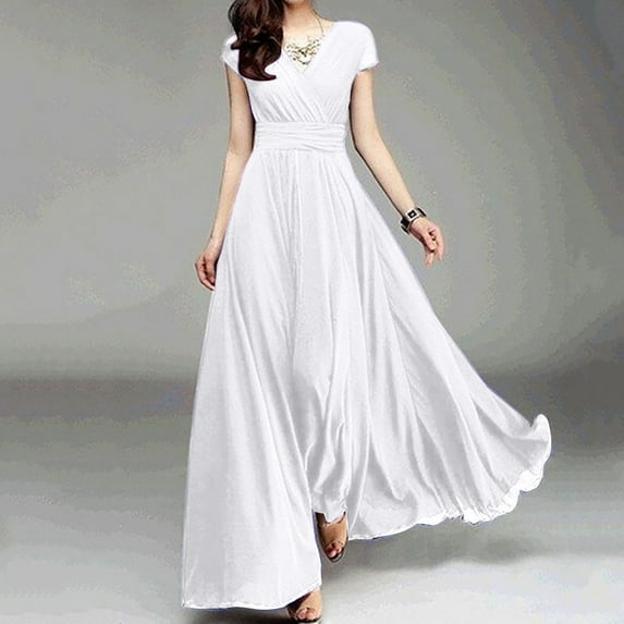 Inleife Plus Size Dresses for Women 2023 Women's Plus Size V-Neck Solid Color Short Sleeve Chiffon Waist Closing Evening Dress