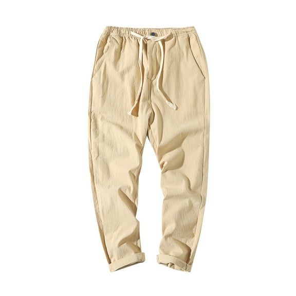 Inleife Plus Size Men's Cotton Drawstring Casual Solid Color Washed Straight Leg Cropped Pants Outdoor Pants