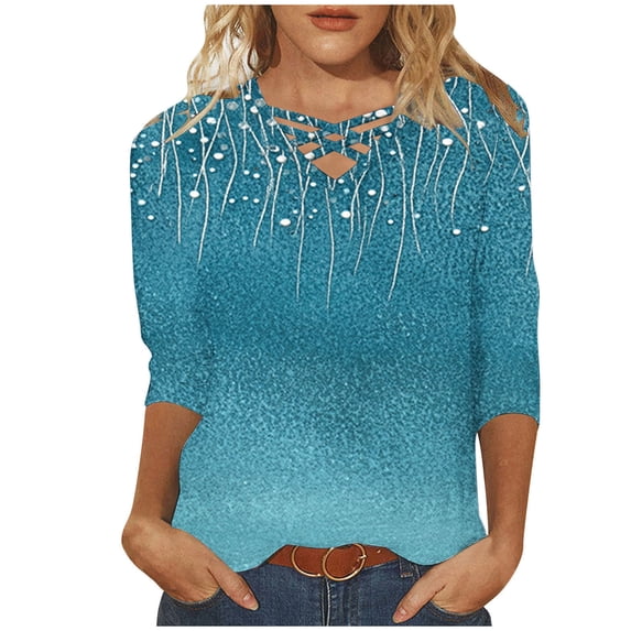 Inleife Plus Size Women Tops Fashion And Leisure Printed V-Neck 3/4 Sleeve Casual Top