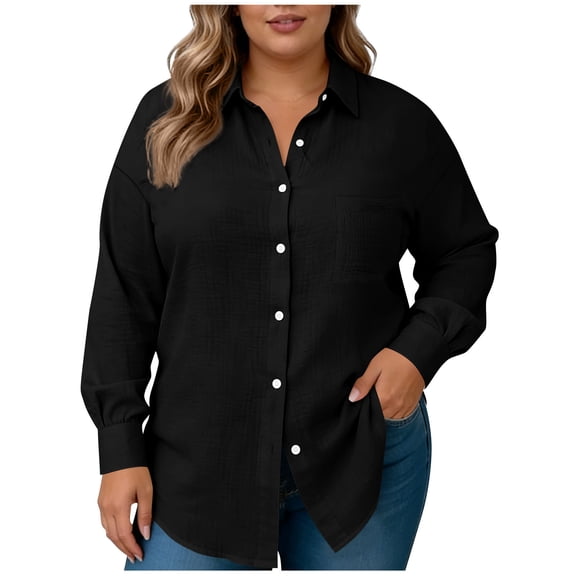 Inleife Plus Size Women's Long Sleeve Button Down Shirts with Classic Collar And Functional Pockets Black L