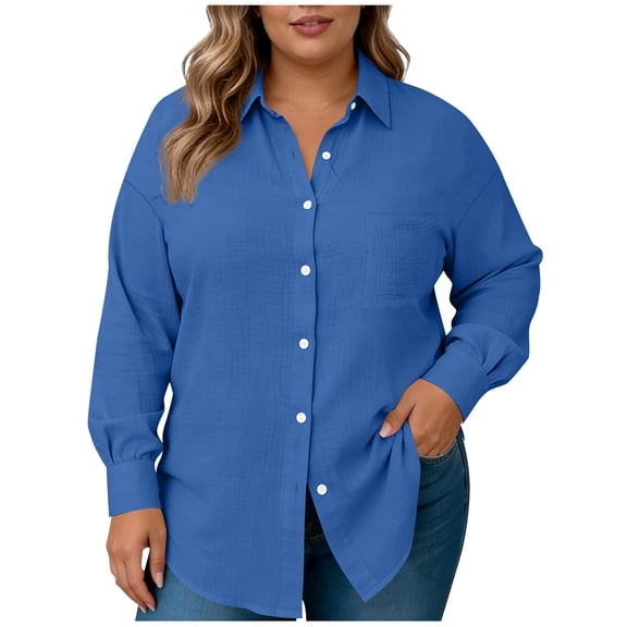 Inleife Plus Size Women's Long Sleeve Button Down Shirts with Classic Collar And Functional Pockets Blue XXL