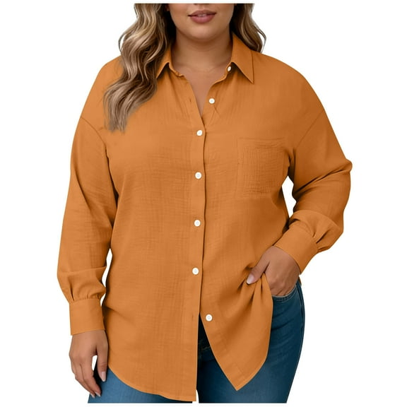 Inleife Plus Size Women's Long Sleeve Button Down Shirts with Classic Collar And Functional Pockets Orange L