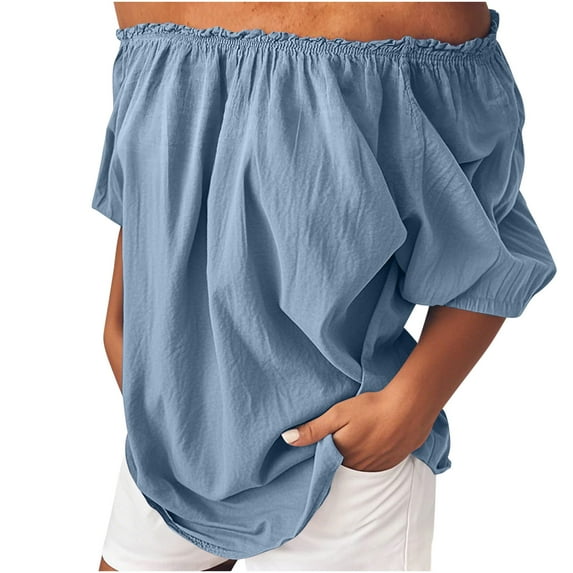 Inleife Plus Size Women's Tops Casual Solid Color Short Sleeved Cotton Linen Dew Elastic One Shoulder Top