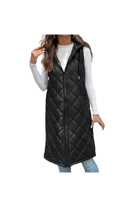 Quilted Stripe Women's Vests Casual Winter Long Stand Collar Sleeveless Puffy Jackets Coat with Pockets