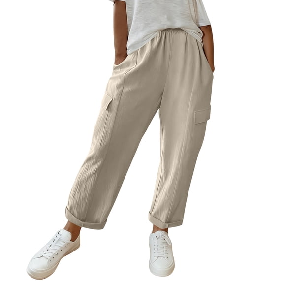 Inleife Relaxed Fit Summer Cropped Pants for Women Solid Color Linen Pocket Trousers