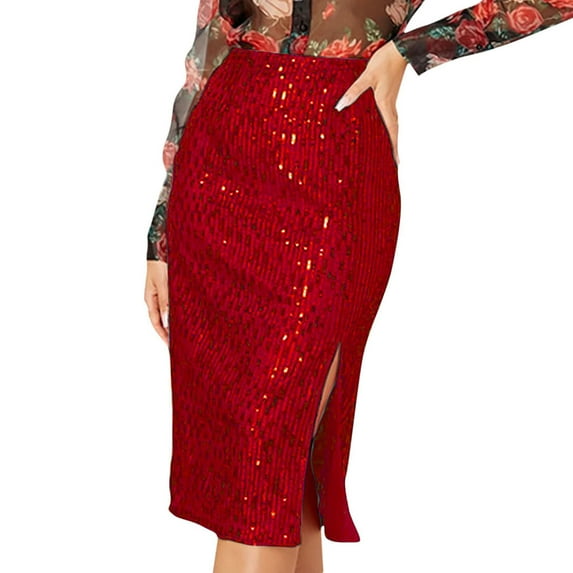 Inleife Sequin Fashion Woman Solid Color Zipper Skirt Package Hip Skirt Wine M