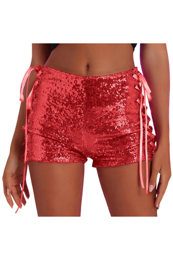 Sequin Shorts for Women Fashion Ladies Solid Color Strap Hollow Sequin Lace Up Shorts Pants
