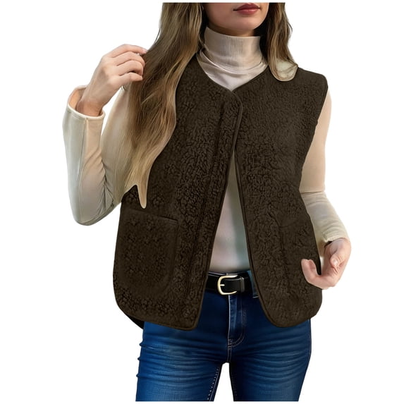 Inleife Short Sherpa Vest for Women Fashionable Slim Fitting Piece Outerwear Women's Pocket Fleece Short Cardigan