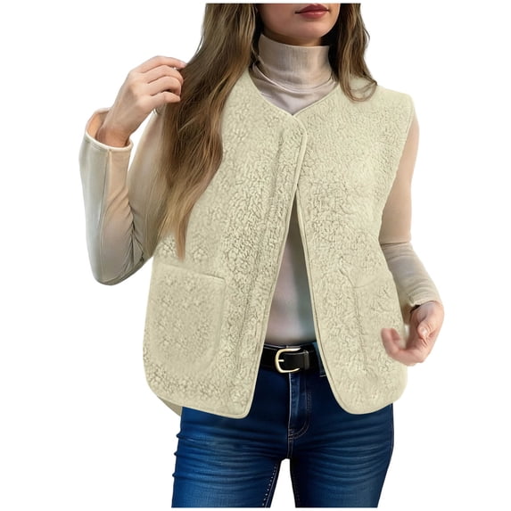 Inleife Short Sherpa Vest for Women Fashionable Slim Fitting Piece Outerwear Women's Pocket Fleece Short Cardigan