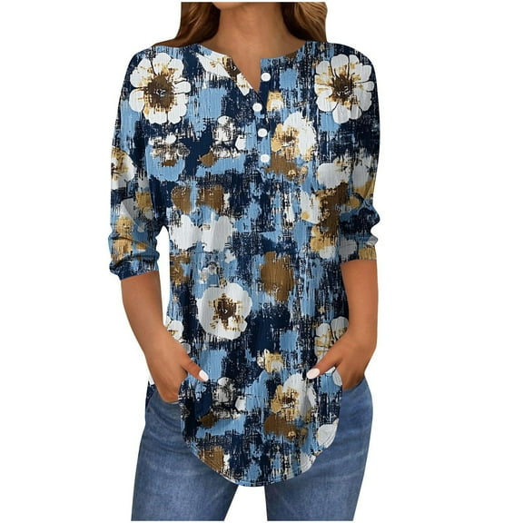 Inleife Slim Fit Shirts for Women Floral Printing 3/4 Sleeve Button Blouses Womens Round Neck Fashionable Top
