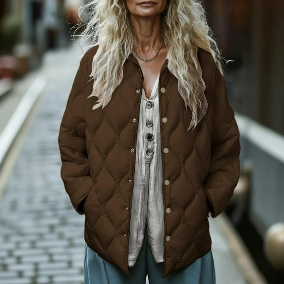 Inleife Solid Puffer Women Long Sleeves Quilted Jacket Lightweight Button Up Collar Down With Pockets Outerwear