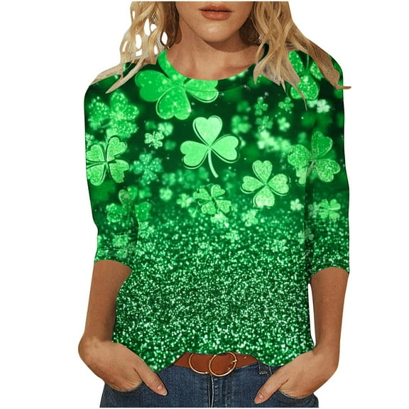 Inleife St. Patrick's Day Printed T-Shirts for Women 3/4 Sleeves Blouse Round Neck Casual Tops