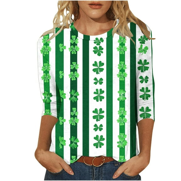 Inleife St. Patrick's Day Printed T-Shirts for Women 3/4 Sleeves Blouse Round Neck Casual Tops
