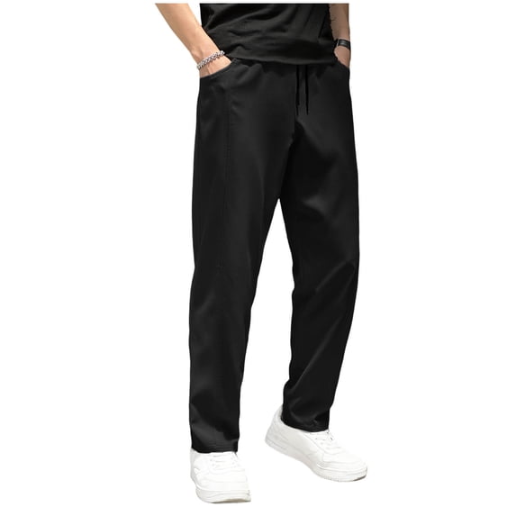Inleife Straight Leg Pants Men's Solid Color Elastic Waist Drawstring Pocket Casual Pants