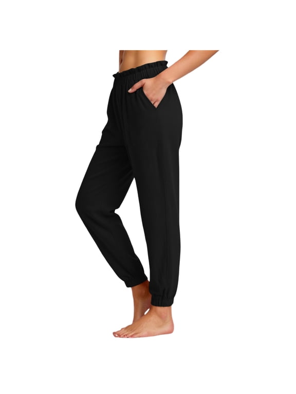 Summer Cuffed Pants for Women Linen Solid Color Loose Fit Straight Leg Pants Ruffle Elastic Waist Trousers with Pockets
