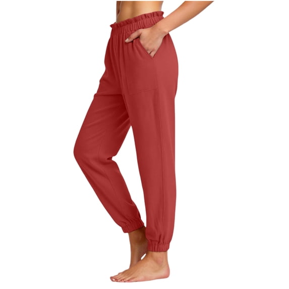 Inleife Summer Cuffed Pants for Women Linen Solid Color Loose Fit Straight Leg Pants Ruffle Elastic Waist Trousers with Pockets