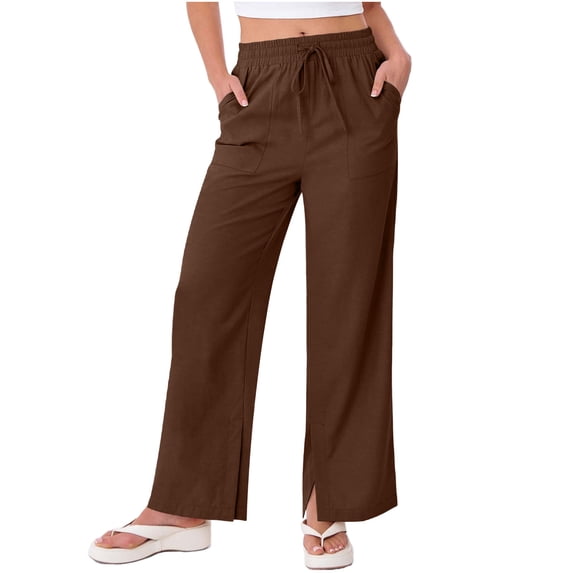 Inleife Summer Linen Pants Women Solid Color Loose Straight Leg Pants Side Slit Buttons Pants with Pockets
