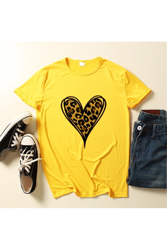 Summer Tops Short Sleeve New Fashion Women's Top Short Sleeve Casual Love Leopard Printed Loose T-shirt