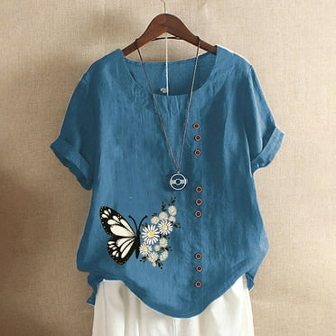 Inleife Summer Tops Short Sleeve Women's Summer Casual Round Neck Short Sleeve Printed Loose Shirt Tops Blouse