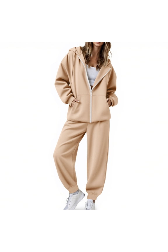 Sweatsuits Women 2 Piece Outfit Beige Drawstring Zip Up Hoodie Matching Waist Sweatpants Lounge Sets