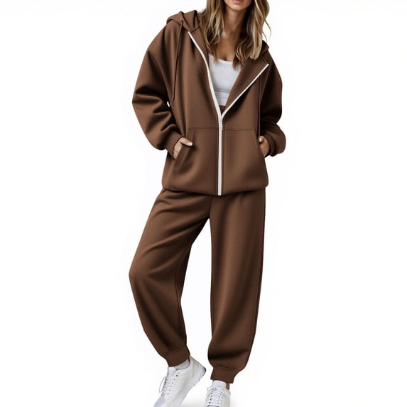 Inleife Sweatsuits Women 2 Piece Outfit Coffee Drawstring Zip Up Hoodie Matching Waist Sweatpants Lounge Sets