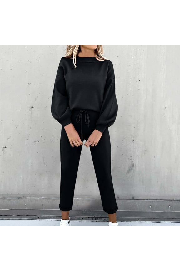 Sweatsuits for Women Lounge Sets on Sale Women's Solid Color Crew Neck Long Sleeve Elastic Waist Pockets Long Pants Sets