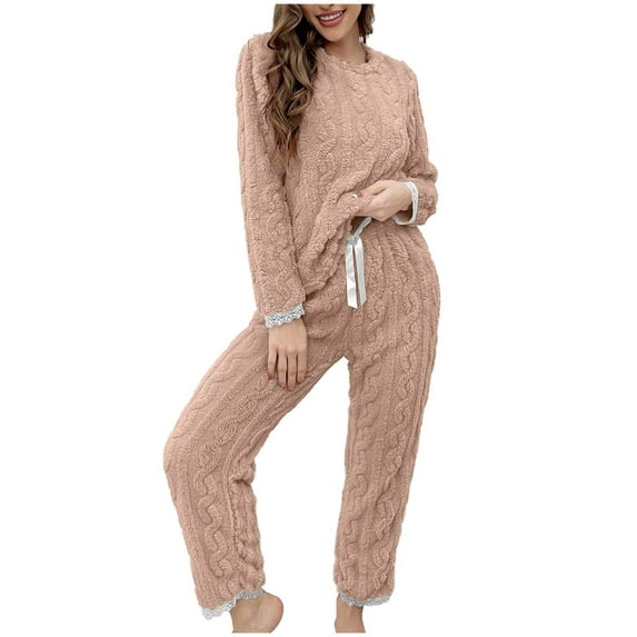 Inleife Sweatsuits for Women Plush Lounge Sets on Sale Fashion WWomen's Round-Neck Plush Elastic Waist Long Pants Drawstring Sets