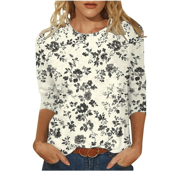 Inleife Three Quarter Sleeve Shirts for Women Casual Printed Round Neck 3/4 Sleeve T-shirt Loose Top