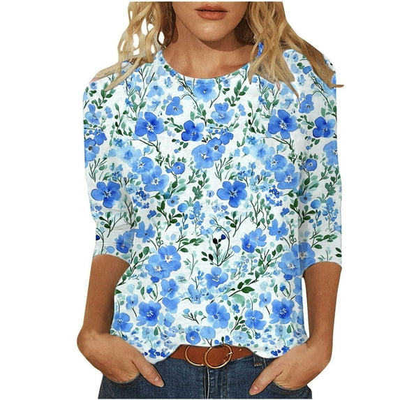 Inleife Three Quarter Sleeve Shirts for Women Casual Printed Round Neck 3/4 Sleeve T-shirt Loose Top