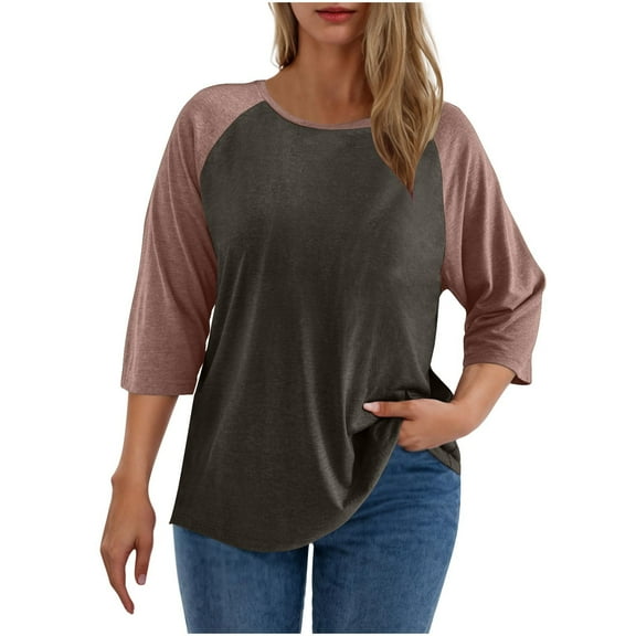 Inleife Three Quarter Sleeve Tops for Women Plus Size Color Blocked Tops Women's 3/4 Sleeved Crewneck Loose Blouses