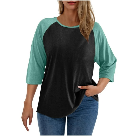Inleife Three Quarter Sleeve Tops for Women Plus Size Color Blocked Tops Women's 3/4 Sleeved Crewneck Loose Blouses