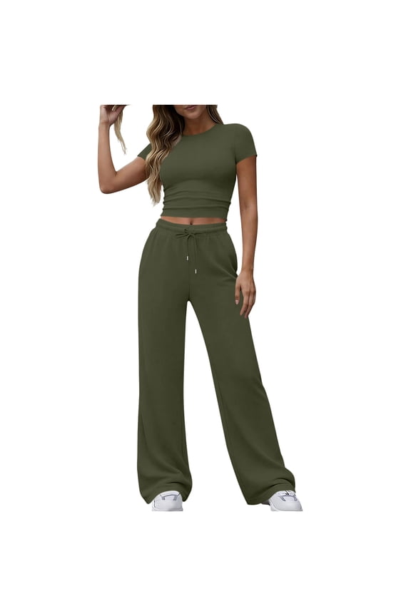 Two Piece Sets for Women Casual Spring And Summer Women Solid Short Sleeve Round-Neck Blouses Tops + Elastic Waist Drawstring Wide Leg Pants