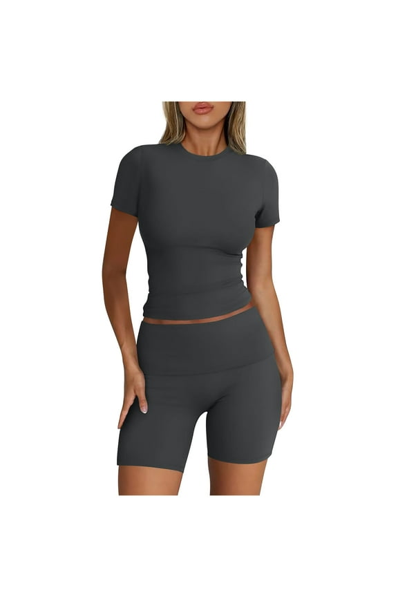 Two Piece Sets for Women Casual Spring And Summer Women Solid Short Sleeve Round-Neck Blouses Tops + Elastic Waist Drawstring Wide Leg Pants