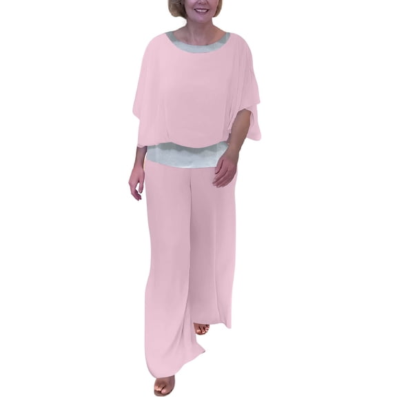 Inleife Two Piece Sets for Women Spring And Summer Women Elegant Solid Casual Short Sleevele Round-Neck Blouses Shirts Long Pant Sets Pink Sizes M