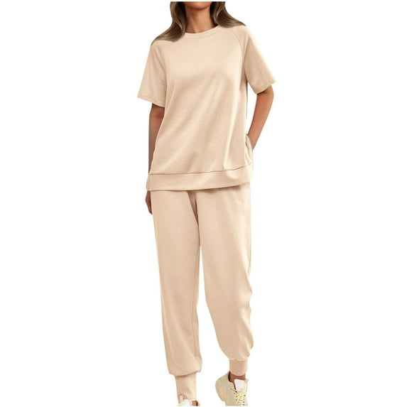 Inleife Two Piece Sets for Women Summer Fashion Women's Solid Loose Casual Short Sleeve Round-Neck Side Zipper Blouses Long Pants High Waisted Sweatpants Sets Beige Sizes M