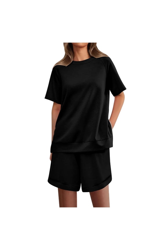 Two Piece Sets for Women Summer Women's Solid Color Short Sleeveless Suspender Top And Pants Two-piece Set For Women's Sleeveless Round Neck Top/shirt Set Black Sizes S